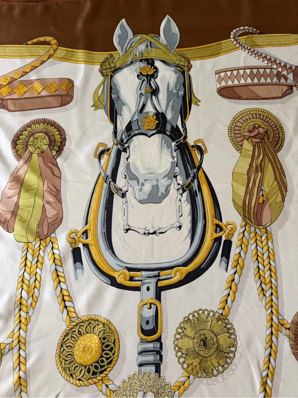 Hermès Paris Equestrian Silk Scarf in Cream, Gold and Brown - Picture 13 of 16